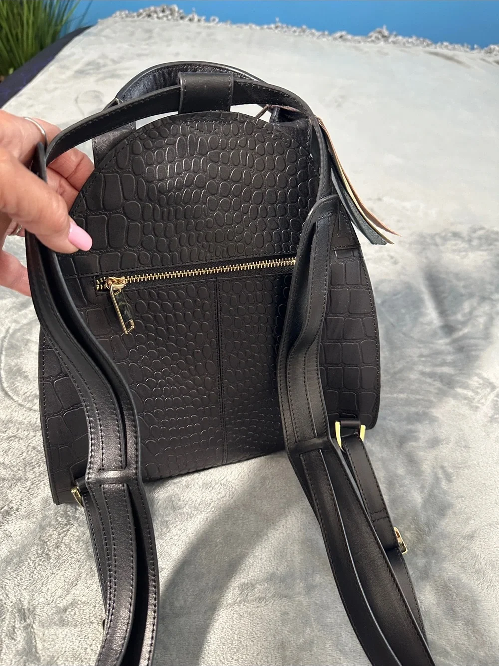 NWTS Vélez  Leather Black Croc-Embossed Mini Backpack